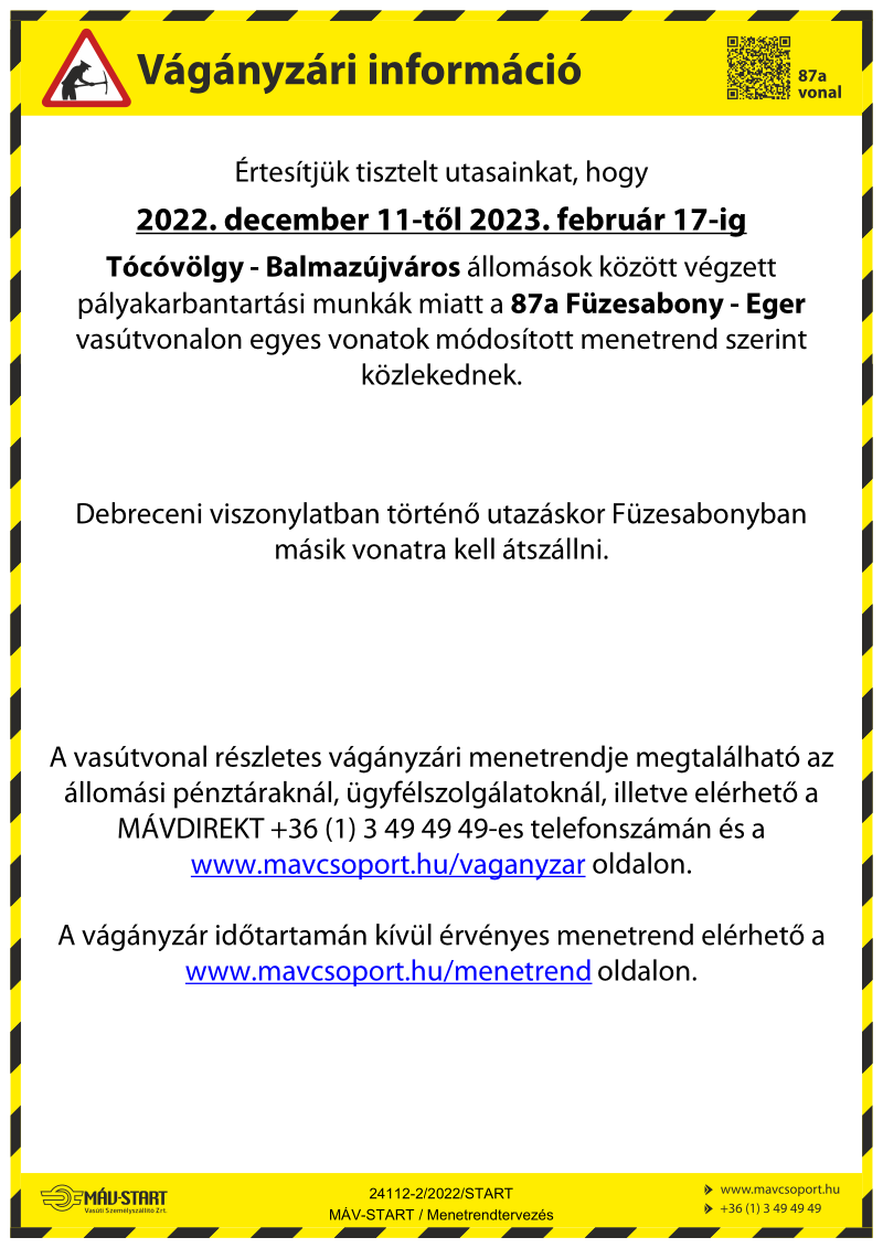 MÁV-START - 87a Füzesabony-Eger vágányzári információ