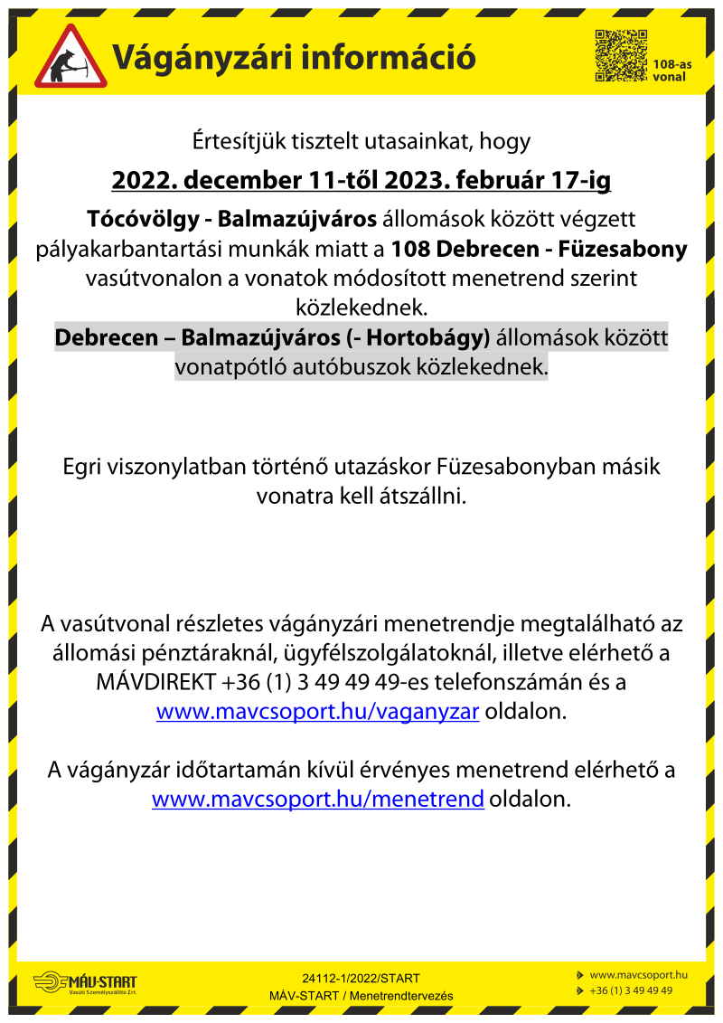 MÁV-START - 108 Debrecen-Füzesabony vágányzári információ