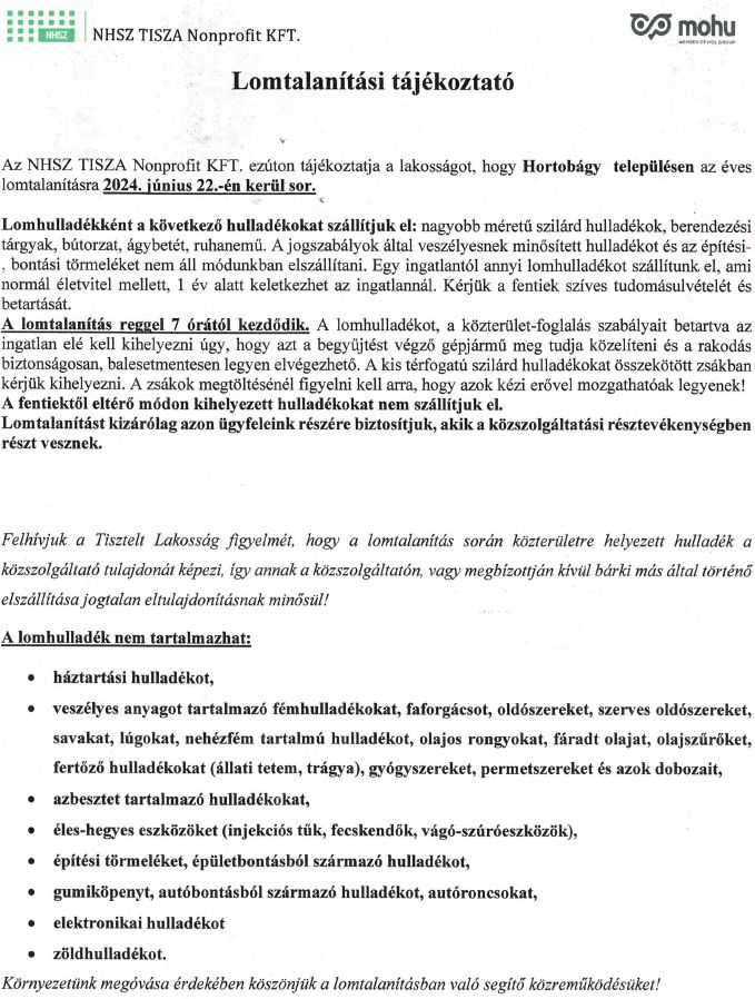 NHSZ TISZA Nonprofit Kft. - Lomtalanítási tájékoztató