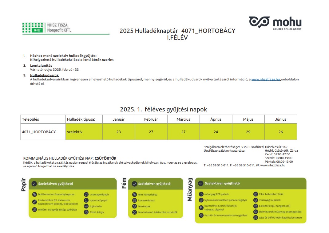 Szelektív hulladékszállítási naptár - 2025. első félév