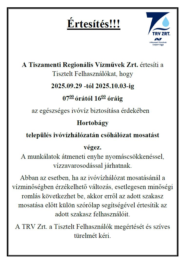 Vízhálózat mosatási értesítő