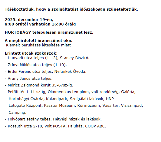 Tájékoztató és áramszünet értesítő