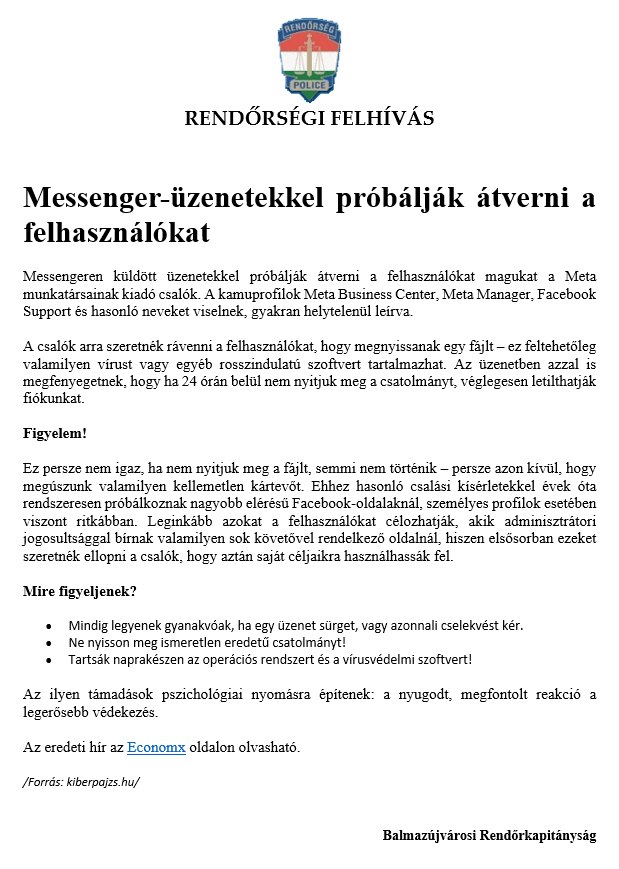 Rendőrségi felhívás internetes csalásokról