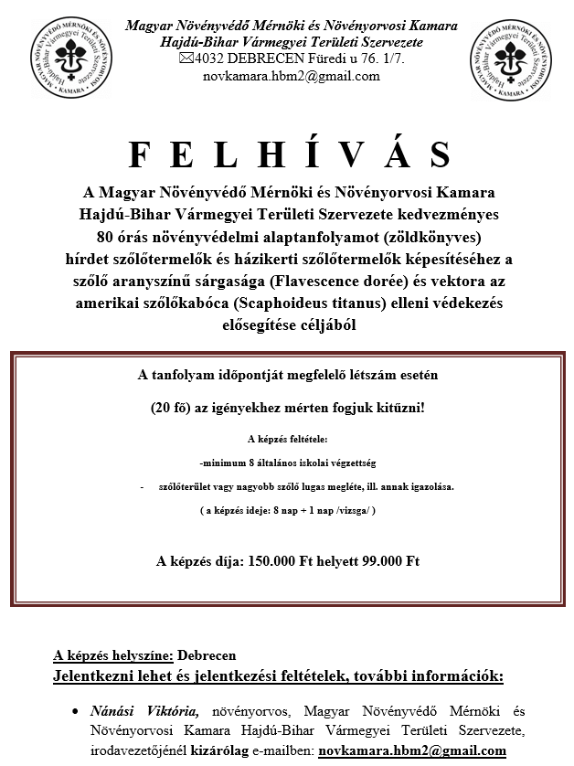 80 órás növényvédelmi alaptanfolyam szőlőtermelők részére