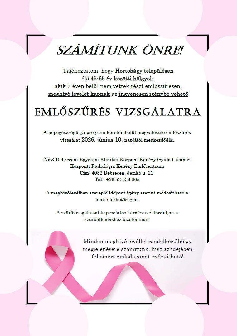 Emlőszűrés 45-65 év közötti hölgyek részére.