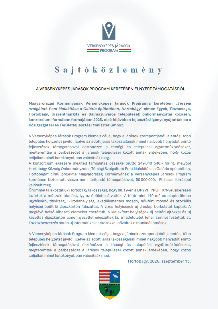 SAJTÓKÖZLEMÉNY - A Versenyképes Járások Program keretében elnyert támogatásról